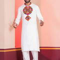 White Embroidered Rayon Kurta Pajama Set for Men with Multicolor Mirror Work