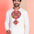 White Embroidered Rayon Kurta Pajama Set for Men with Multicolor Mirror Work