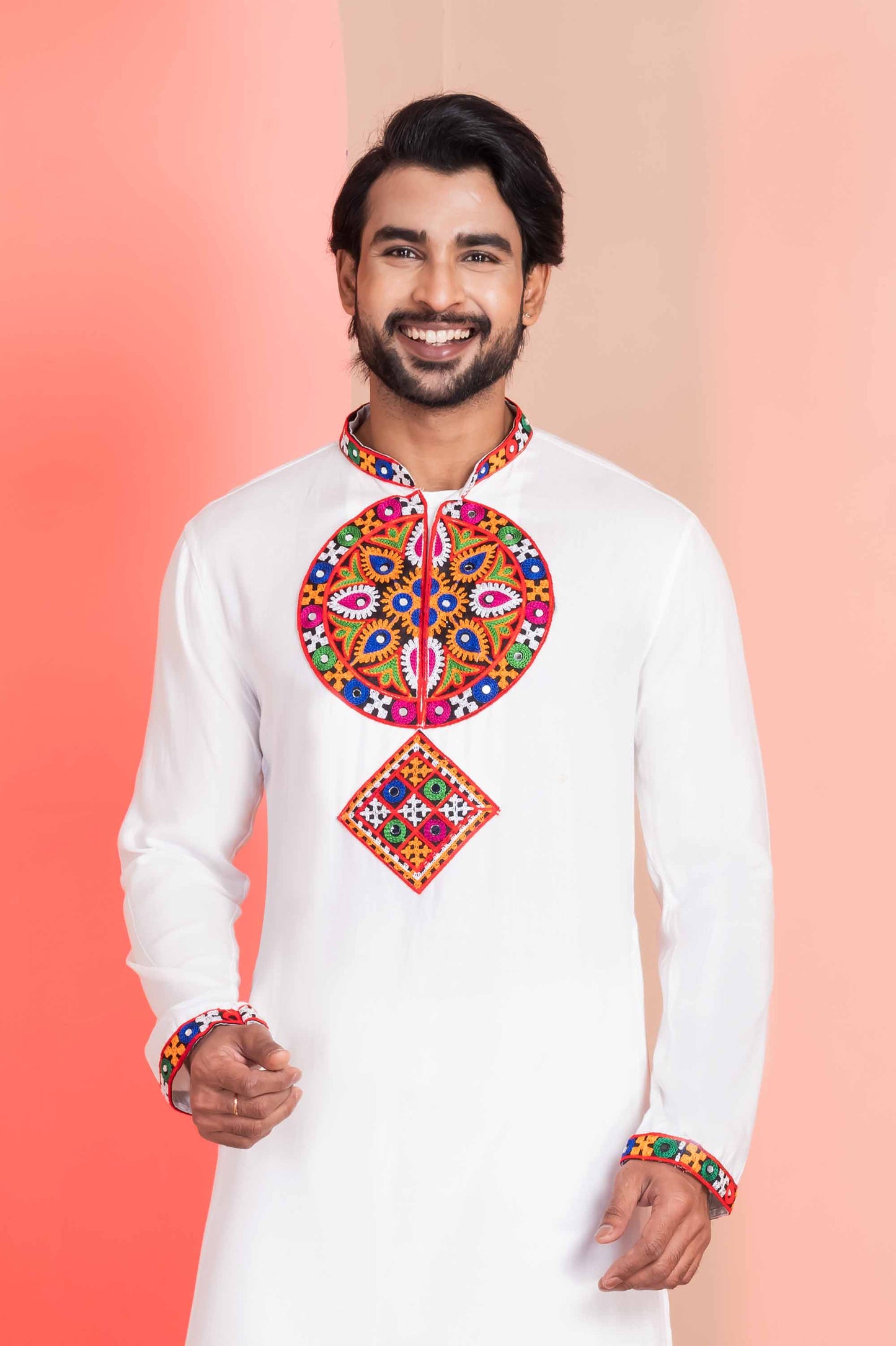 White Embroidered Rayon Kurta Pajama Set for Men with Multicolor Mirror Work