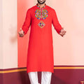 Red Embroidered Rayon Kurta Pajama Set for Men with Multicolor Mirror Work