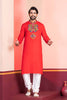 Red Embroidered Rayon Kurta Pajama Set for Men with Multicolor Mirror Work