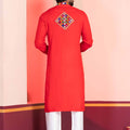 Red Embroidered Rayon Kurta Pajama Set for Men with Multicolor Mirror Work
