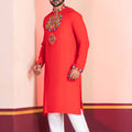 Red Embroidered Rayon Kurta Pajama Set for Men with Multicolor Mirror Work