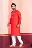 Red Embroidered Rayon Kurta Pajama Set for Men with Multicolor Mirror Work