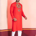 Red Embroidered Rayon Kurta Pajama Set for Men with Multicolor Mirror Work