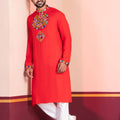 Red Embroidered Rayon Kurta Pajama Set for Men with Multicolor Mirror Work