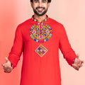 Red Embroidered Rayon Kurta Pajama Set for Men with Multicolor Mirror Work