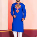 Blue Embroidered Rayon Kurta Pajama Set for Men with Multicolor Mirror Work