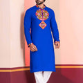 Blue Embroidered Rayon Kurta Pajama Set for Men with Multicolor Mirror Work