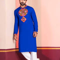 Blue Embroidered Rayon Kurta Pajama Set for Men with Multicolor Mirror Work