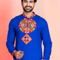 Blue Embroidered Rayon Kurta Pajama Set for Men with Multicolor Mirror Work