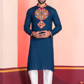 Navy Blue Embroidered Rayon Kurta Pajama Set for Men with Multicolor Mirror Work