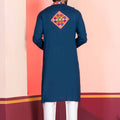 Navy Blue Embroidered Rayon Kurta Pajama Set for Men with Multicolor Mirror Work