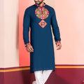 Navy Blue Embroidered Rayon Kurta Pajama Set for Men with Multicolor Mirror Work