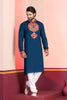 Navy Blue Embroidered Rayon Kurta Pajama Set for Men with Multicolor Mirror Work