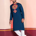 Navy Blue Embroidered Rayon Kurta Pajama Set for Men with Multicolor Mirror Work