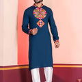 Navy Blue Embroidered Rayon Kurta Pajama Set for Men with Multicolor Mirror Work