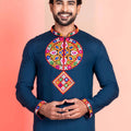 Navy Blue Embroidered Rayon Kurta Pajama Set for Men with Multicolor Mirror Work