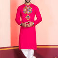Pink Embroidered Rayon Kurta Pajama Set for Men with Multicolor Mirror Work