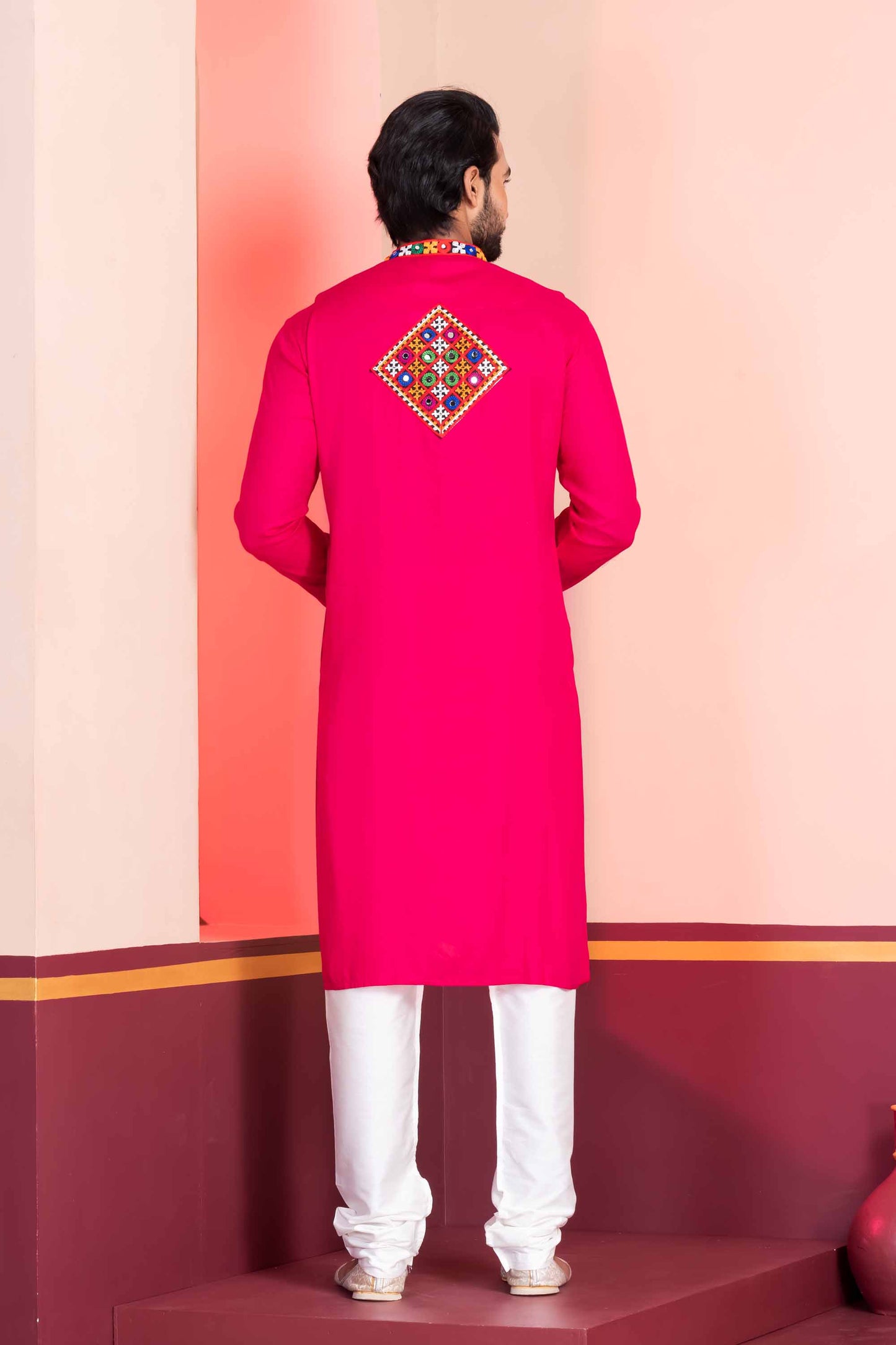 Pink Embroidered Rayon Kurta Pajama Set for Men with Multicolor Mirror Work