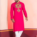 Pink Embroidered Rayon Kurta Pajama Set for Men with Multicolor Mirror Work