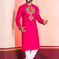 Pink Embroidered Rayon Kurta Pajama Set for Men with Multicolor Mirror Work