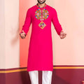 Pink Embroidered Rayon Kurta Pajama Set for Men with Multicolor Mirror Work