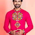 Pink Embroidered Rayon Kurta Pajama Set for Men with Multicolor Mirror Work