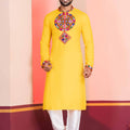 Yellow Embroidered Rayon Kurta Pajama Set for Men with Multicolor Mirror Work