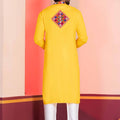 Yellow Embroidered Rayon Kurta Pajama Set for Men with Multicolor Mirror Work