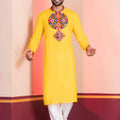 Yellow Embroidered Rayon Kurta Pajama Set for Men with Multicolor Mirror Work