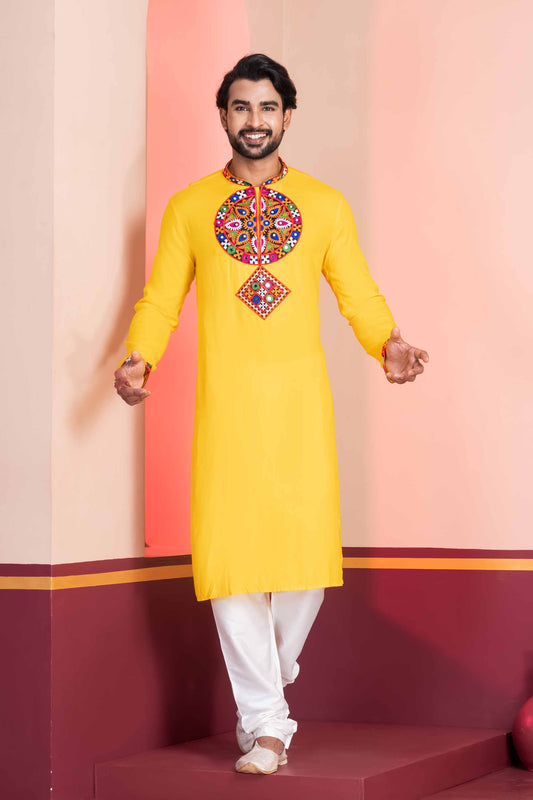 Yellow Embroidered Rayon Kurta Pajama Set for Men with Multicolor Mirror Work