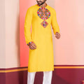 Yellow Embroidered Rayon Kurta Pajama Set for Men with Multicolor Mirror Work