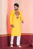 Yellow Embroidered Rayon Kurta Pajama Set for Men with Multicolor Mirror Work