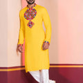 Yellow Embroidered Rayon Kurta Pajama Set for Men with Multicolor Mirror Work