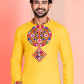 Yellow Embroidered Rayon Kurta Pajama Set for Men with Multicolor Mirror Work