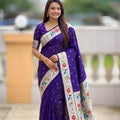 Deep Purple Floral Woven Linen Silk Saree Designer Peacock Border
