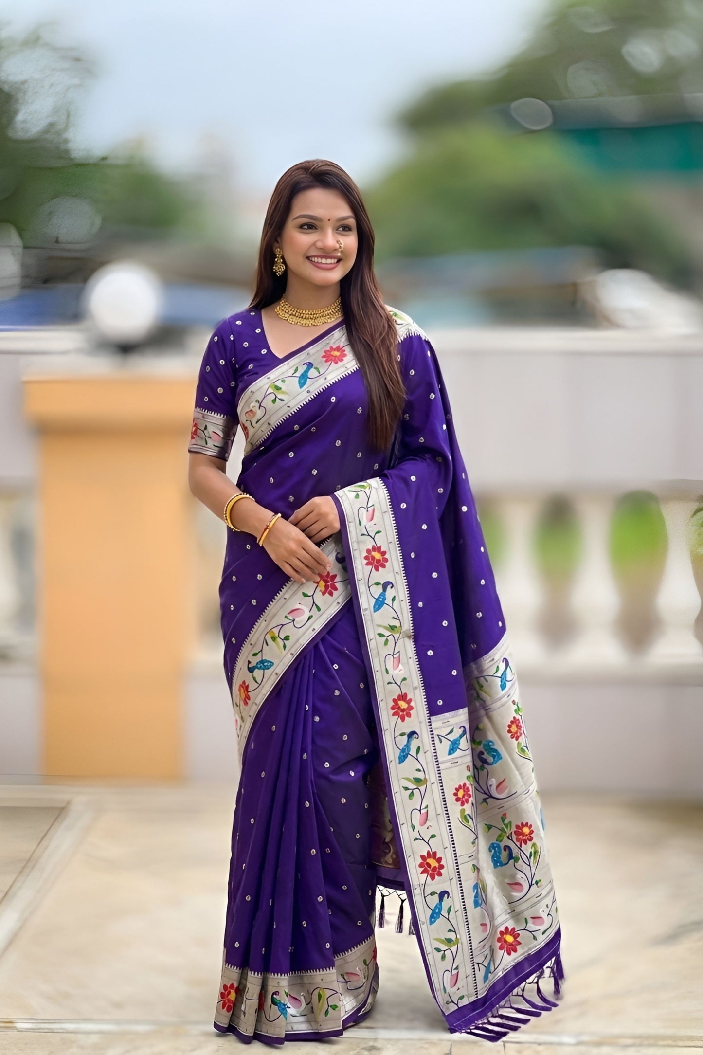 Deep Purple Floral Woven Linen Silk Saree Designer Peacock Border