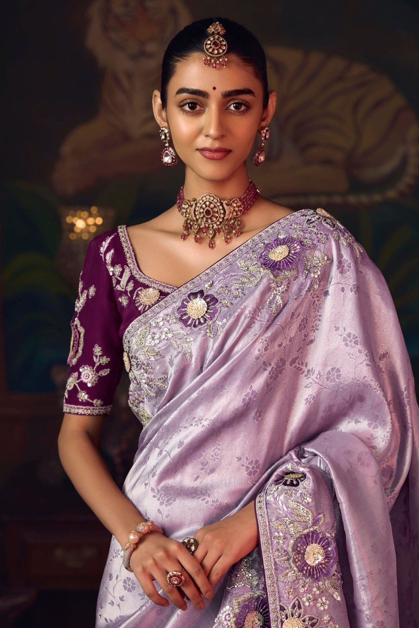 Lavender Silk Saree and Contrasting Wine Blouse