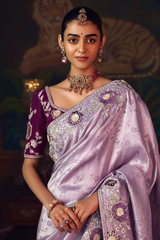 Lavender Silk Saree and Contrasting Wine Blouse