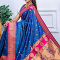 Royal Blue Kanjivaram Silk Saree with Pink Border Gold Zari Butti Work