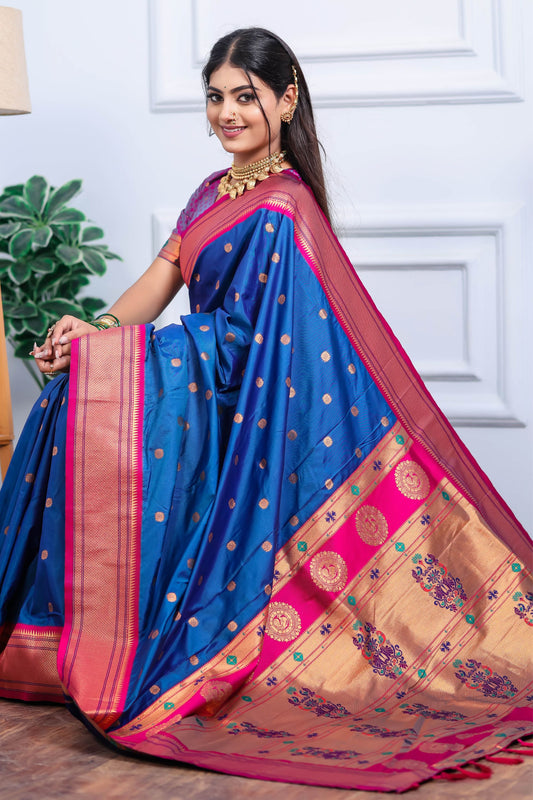 Royal Blue Kanjivaram Silk Saree with Pink Border Gold Zari Butti Work