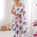 White Floral Digital Printed Linen Saree with Designer Lace Border