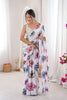 White Floral Digital Printed Linen Saree with Designer Lace Border