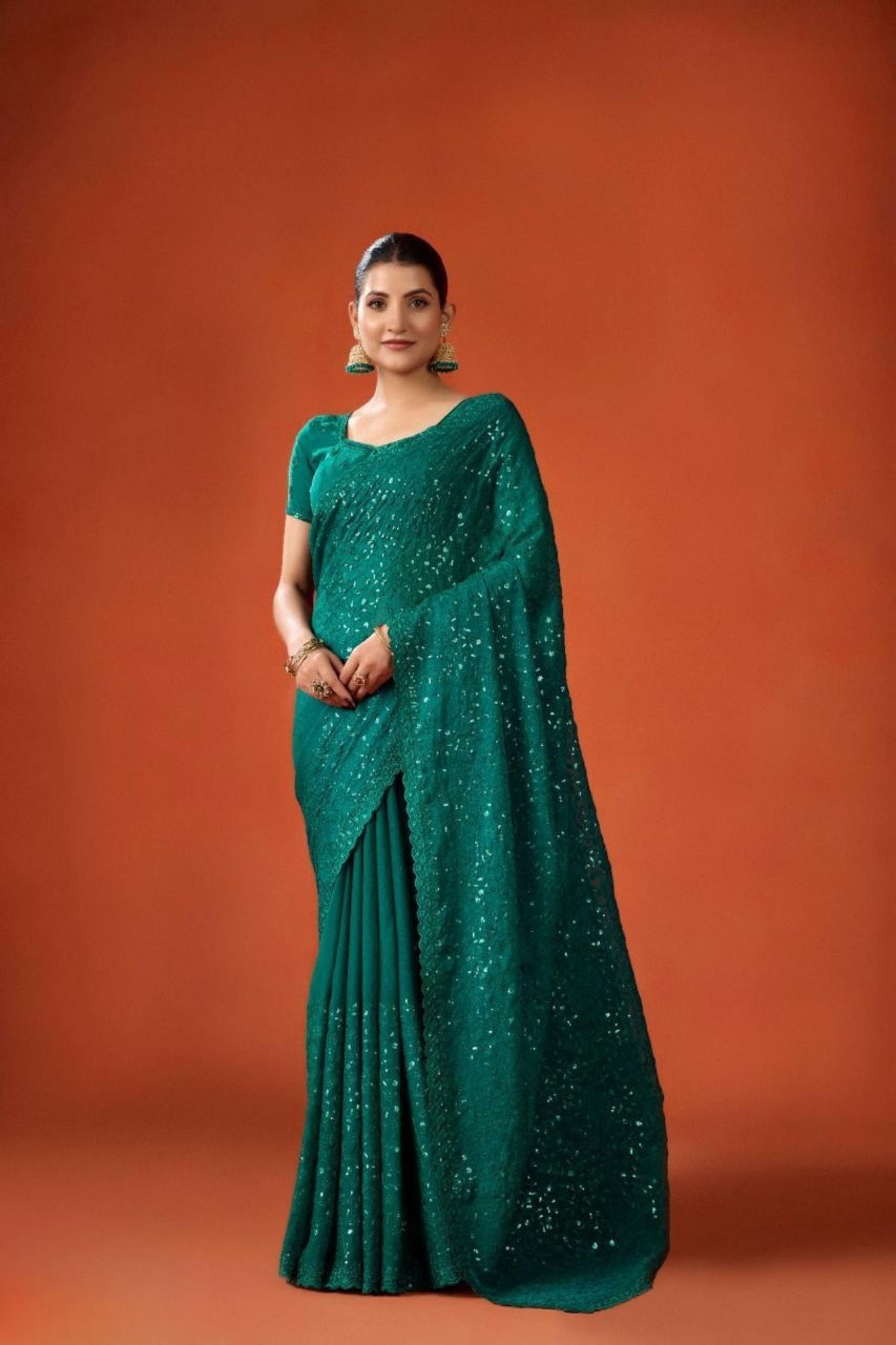 Green Sequin Embellished Georgette Saree with Scalloped Border 