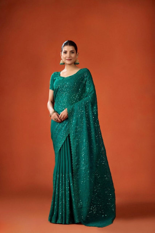 Green Sequin Embellished Georgette Saree with Scalloped Border 