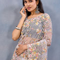 Elegant Grey Floral Embroidered Net Saree with Designer Border