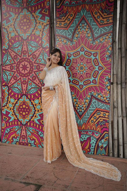 Ivory Peach Ombre Sequin Georgette Saree Designer Border