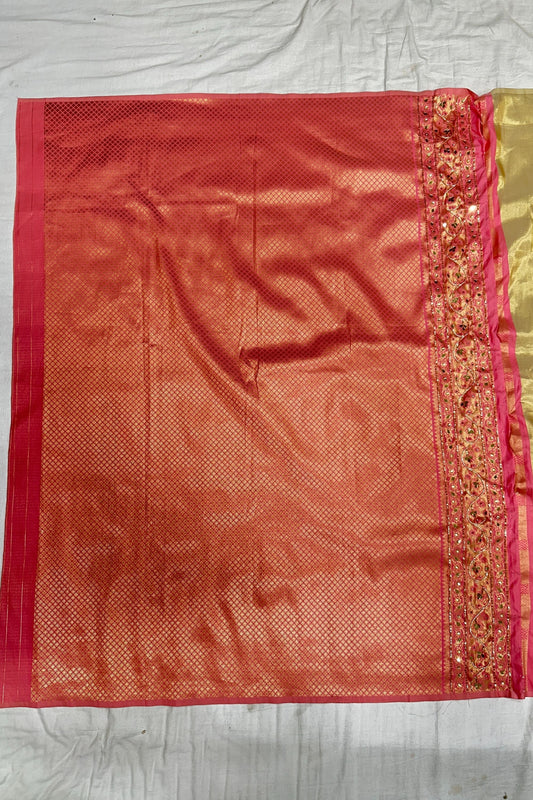 Pastel Green Banarasi Silk Saree with Peach-Pink Embroidered Pallu