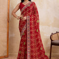 Red Printed Saree Traditional Motif Design Decorative Border 